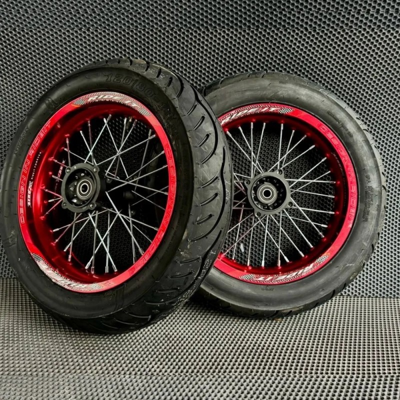 Купить  Колесо 14" перед+зад. (диск колеса) Мотарды RIDELT 14"/14" в сборе с покрышкой разноширокие 2.5/3.0 красные (комп) (Stant купить с доставкой по Москве и России, цена, технические характеристики, комплектация фото  - motoserp.ru
