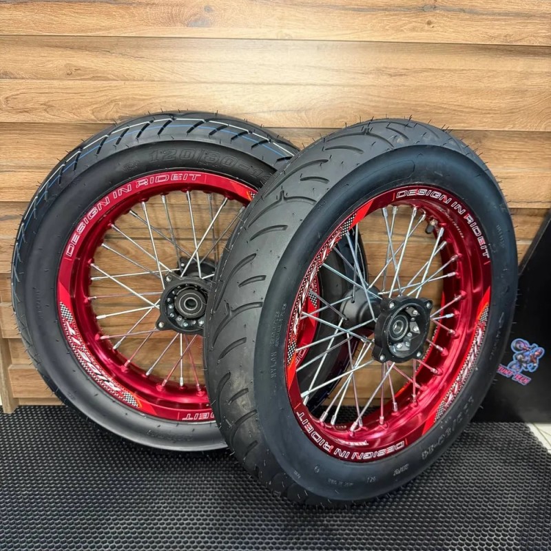 Купить  Колесо 14" перед+зад. (диск колеса) Мотарды RIDELT 14"/14" в сборе с покрышкой разноширокие 2.5/3.0 красные (комп) (Stant купить с доставкой по Москве и России, цена, технические характеристики, комплектация фото  - motoserp.ru