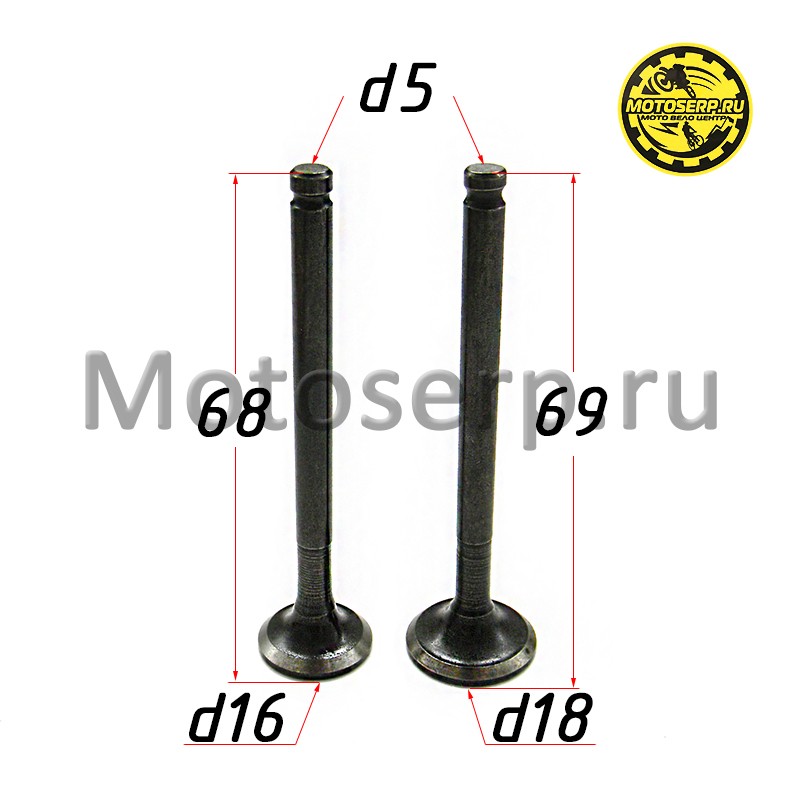 Купить  Клапан 139FMB, 152QMI (впуск/выпуск) (D-18mm, d-16mm, L-69mm, l-68mm, T-5mm, t-5mm)Delta, Alpha, Альфа Leo 125 и др (пар) (MM 91422 (R1 (Дан купить с доставкой по Москве и России, цена, технические характеристики, комплектация фото  - motoserp.ru