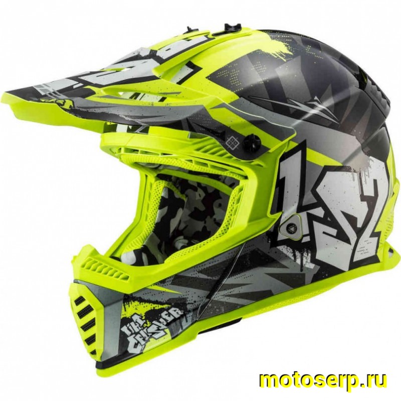 Купить  Шлем Кросс LS2 MX437 FAST EVO MINI CRUSHER Black Hi-Vis Yellow (M) (шт) (LS2 купить с доставкой по Москве и России, цена, технические характеристики, комплектация фото  - motoserp.ru