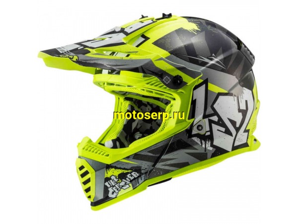 Купить  Шлем Кросс LS2 MX437 FAST EVO MINI CRUSHER Black Hi-Vis Yellow (S) (шт) (LS2 купить с доставкой по Москве и России, цена, технические характеристики, комплектация фото  - motoserp.ru