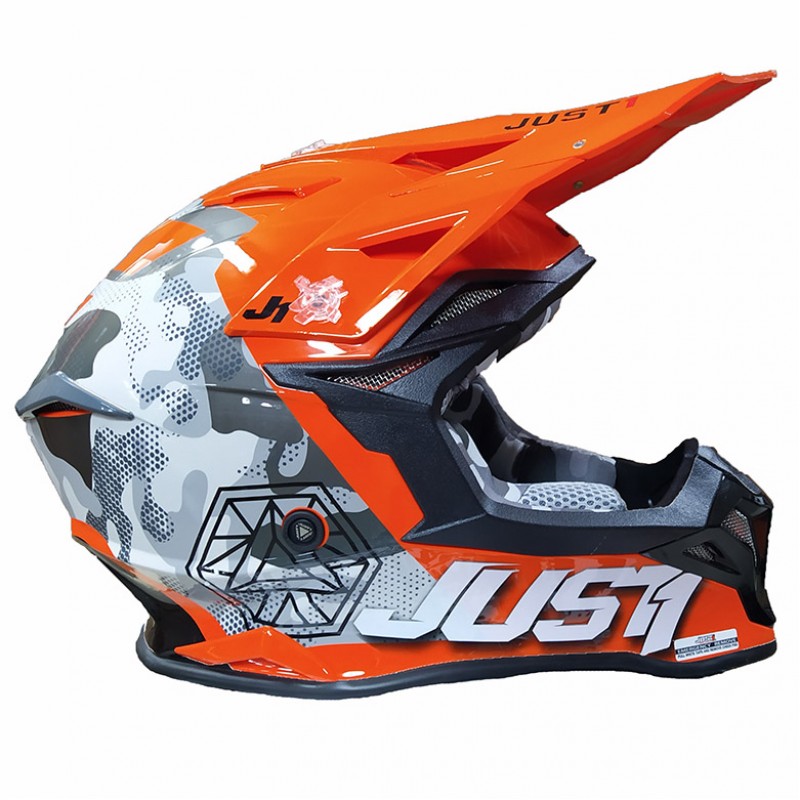 Купить  Шлем Кросс JUST1 J39 Kinetic камуфляж/серый/Hi-Vis оранжевый глянцевый (2021) XL (шт) (SM 941-3372 купить с доставкой по Москве и России, цена, технические характеристики, комплектация фото  - motoserp.ru