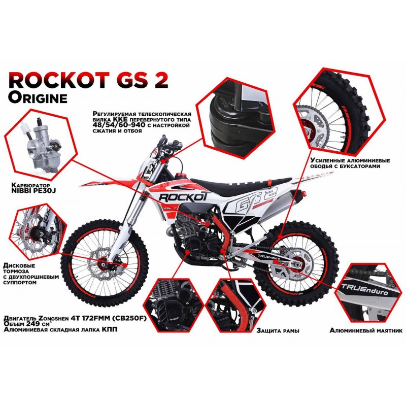 Купить  Мотоцикл Кросс/Эндуро ROCKOT GS2 Origine Выпуск 2023г. (спортинвент.) 250сс, 172FMM, 21/18, подвеска KKE (шт) (ROCKOT купить с доставкой по Москве и России, цена, технические характеристики, комплектация фото  - motoserp.ru
