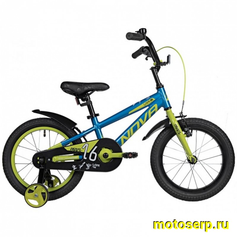 Купить  16" NOVATRACK EXTREME синий/зл (НОВАТРЕК ЭКСТРИМ) 16"; 1ск ; рама-алюм; тормоз-V-Brake (шт) (ART (M купить с доставкой по Москве и России, цена, технические характеристики, комплектация фото  - motoserp.ru