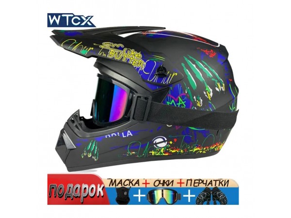 Купить  Шлем Кросс WTcx (XL) с очками, маской и перчатками в комплекте черный, зеленый (шт) (O-N купить с доставкой по Москве и России, цена, технические характеристики, комплектация фото  - motoserp.ru
