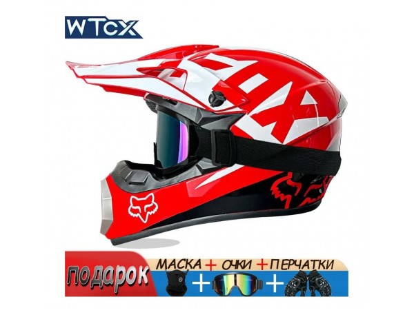 Купить  Шлем Кросс WTcx FOX (XL) с очками, маской и перчатками в комплекте белый, красный (шт) (O-N купить с доставкой по Москве и России, цена, технические характеристики, комплектация фото  - motoserp.ru